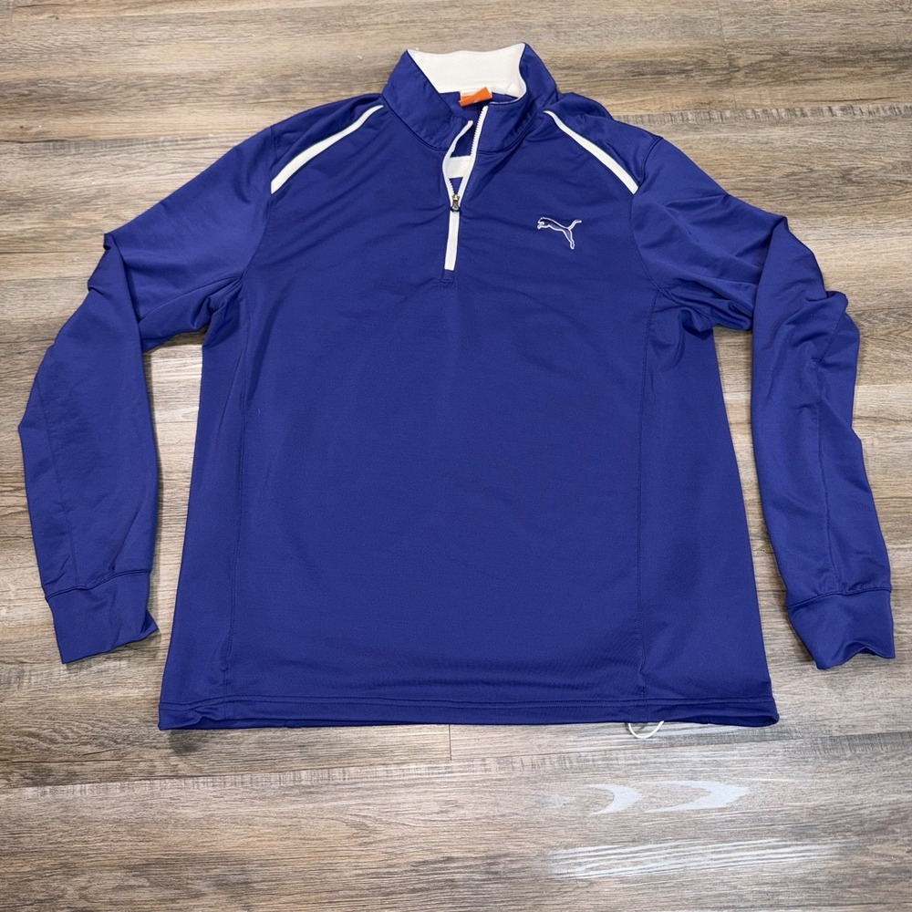 Puma Quarter-Zip Athletic Pullover Mens Large Blue White Shoulder Accents Logo